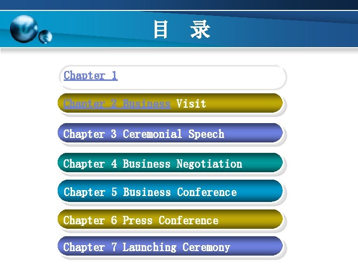 目 录 Chapter 1 Introducing Interpretation Chapter 2 Business Visit Chapter 3 Ceremonial Speech