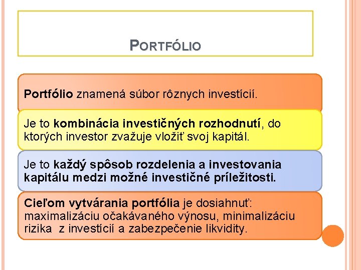 PORTFÓLIO Portfólio znamená súbor rôznych investícií. Je to kombinácia investičných rozhodnutí, do ktorých investor