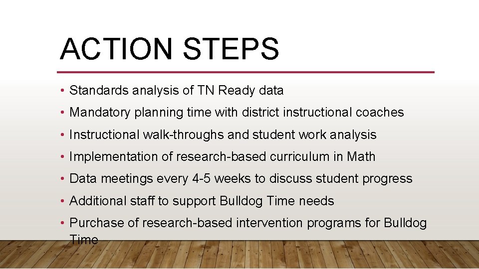 ACTION STEPS • Standards analysis of TN Ready data • Mandatory planning time with
