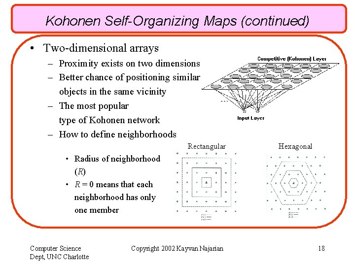 Kohonen Self-Organizing Maps (continued) • Two-dimensional arrays – Proximity exists on two dimensions –