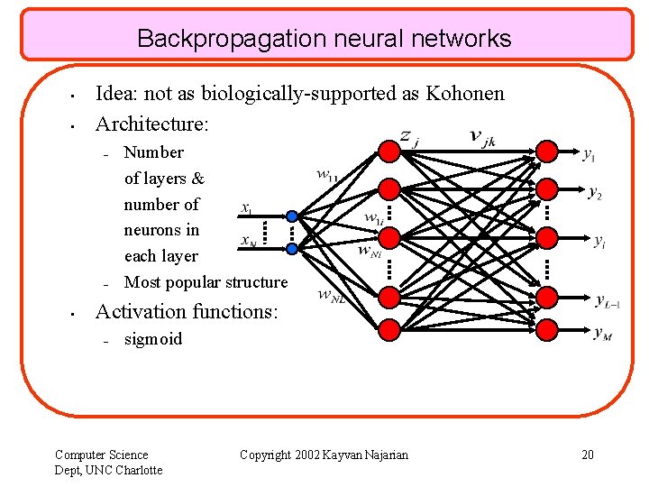 Backpropagation neural networks • • Idea: not as biologically-supported as Kohonen Architecture: – –