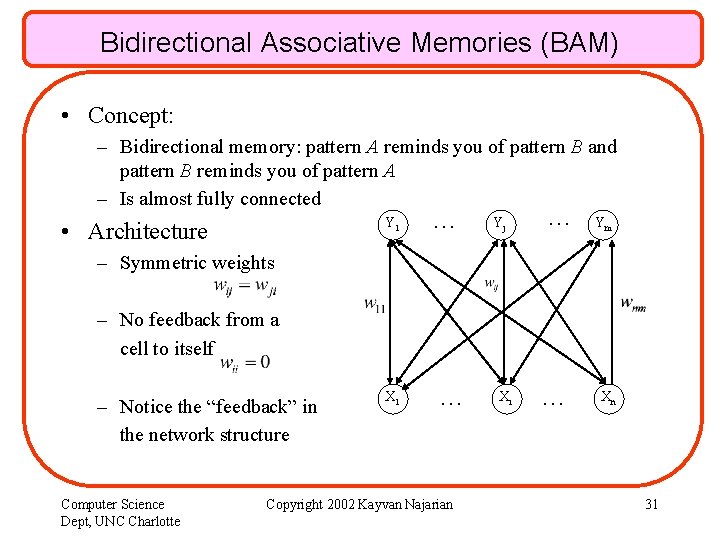 Bidirectional Associative Memories (BAM) • Concept: – Bidirectional memory: pattern A reminds you of