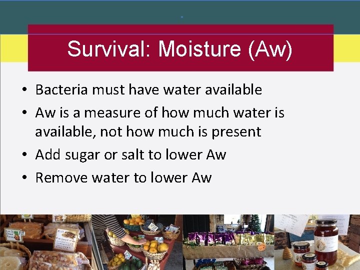 Survival: Moisture (Aw) • Bacteria must have water available • Aw is a measure