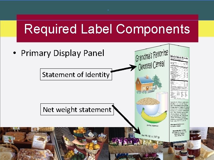 Required Label Components • Primary Display Panel Statement of Identity Net weight statement 
