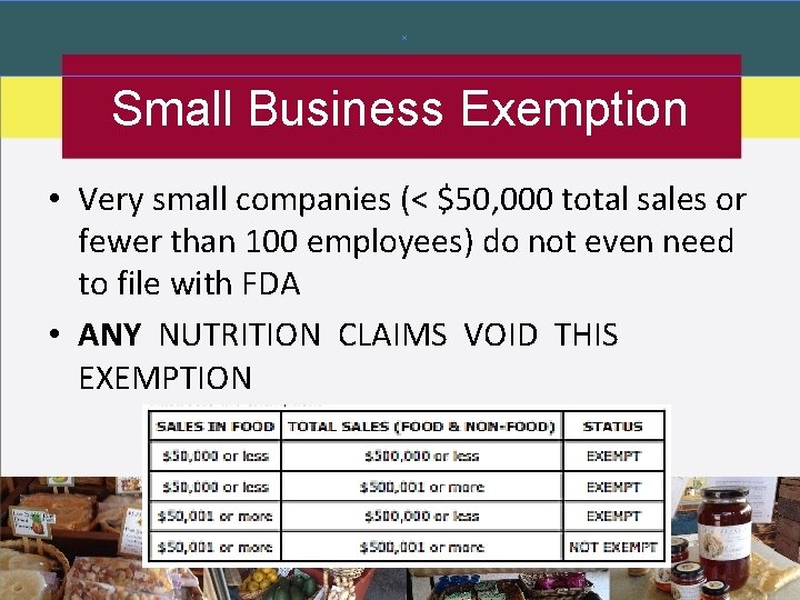 Small Business Exemption • Very small companies (< $50, 000 total sales or fewer