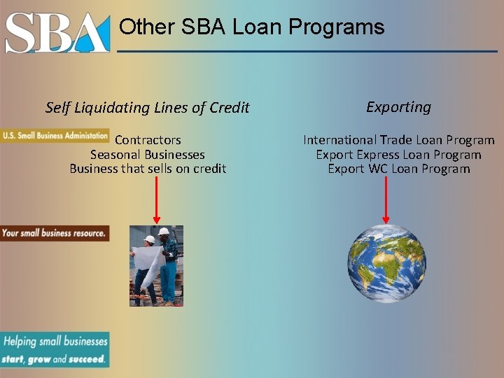 Other SBA Loan Programs Self Liquidating Lines of Credit Exporting Contractors Seasonal Businesses Business