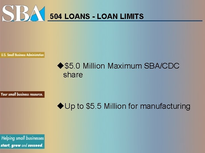 504 LOANS - LOAN LIMITS u$5. 0 Million Maximum SBA/CDC share u. Up to