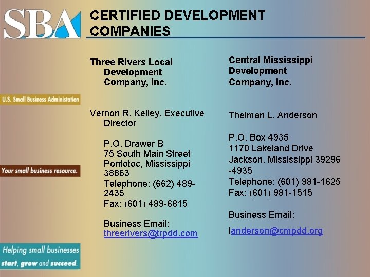CERTIFIED DEVELOPMENT COMPANIES Three Rivers Local Development Company, Inc. Central Mississippi Development Company, Inc.