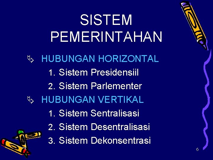 SISTEM PEMERINTAHAN Ä HUBUNGAN HORIZONTAL 1. Sistem Presidensiil 2. Sistem Parlementer Ä HUBUNGAN VERTIKAL