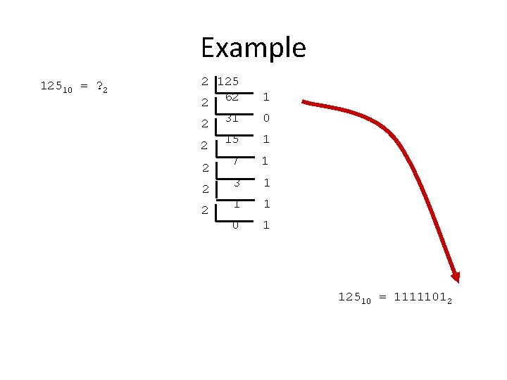 Example 12510 = ? 2 2 125 2 62 1 31 0 15 1