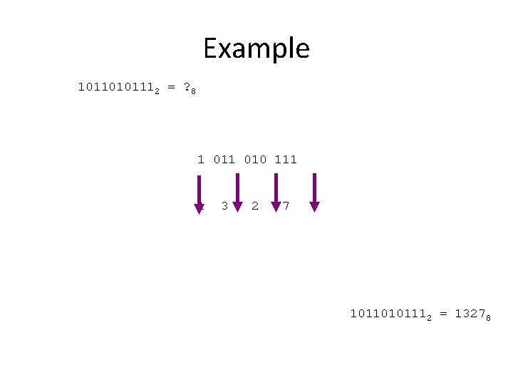 Example 10110101112 = ? 8 1 010 111 1 3 2 7 10110101112 =