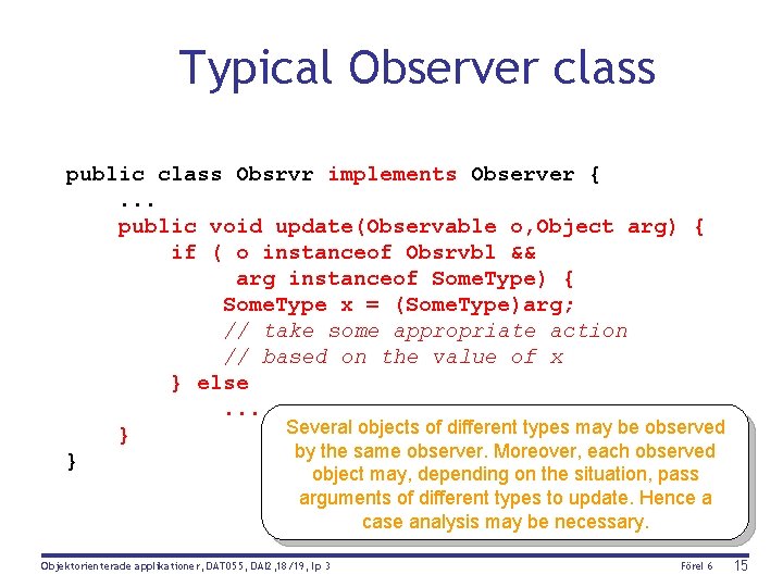 Typical Observer class public class Obsrvr implements Observer {. . . public void update(Observable