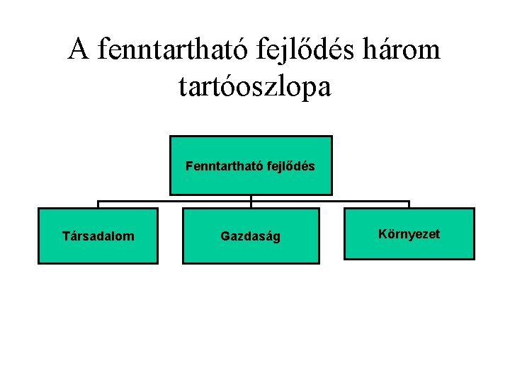 A fenntartható fejlődés három tartóoszlopa Fenntartható fejlődés Társadalom Gazdaság Környezet 