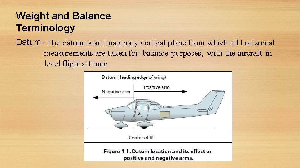 Weight and Balance Terminology Datum- The datum is an imaginary vertical plane from which