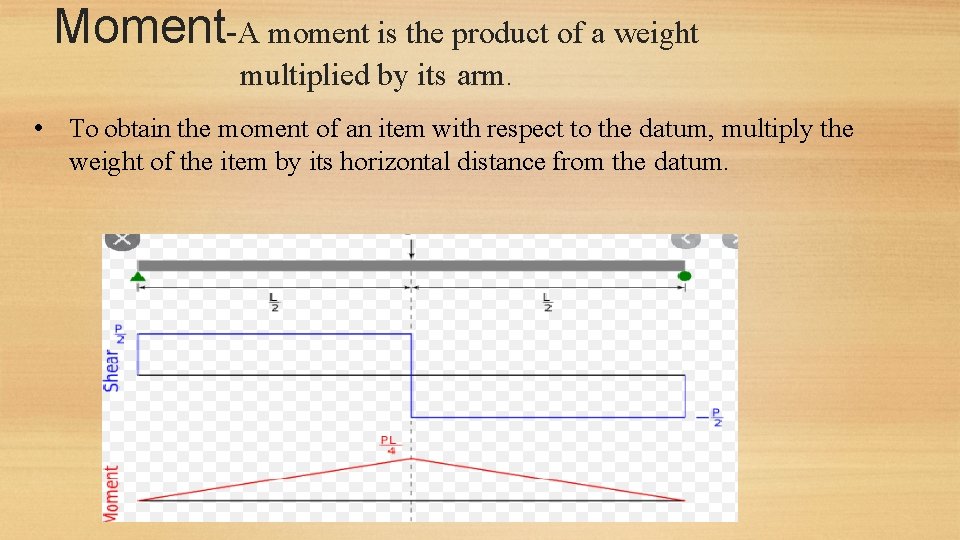 Moment-A moment is the product of a weight multiplied by its arm. • To