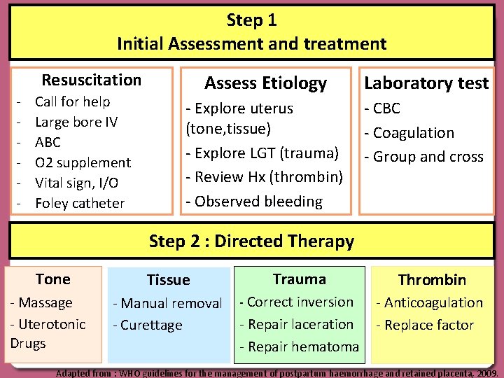 Step 1 Initial Assessment and treatment Resuscitation - Call for help Large bore IV