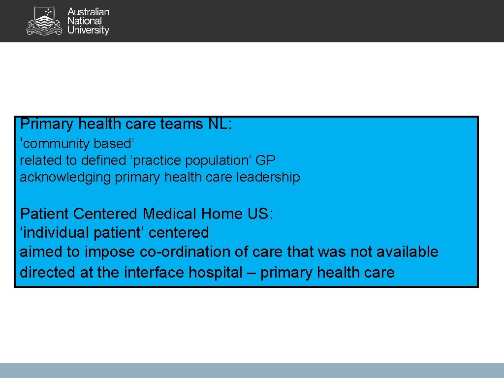 Primary health care teams NL: ‘community based’ related to defined ‘practice population’ GP acknowledging
