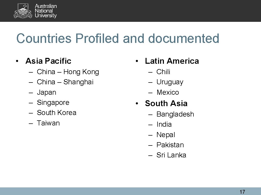 Countries Profiled and documented • Asia Pacific – – – China – Hong Kong