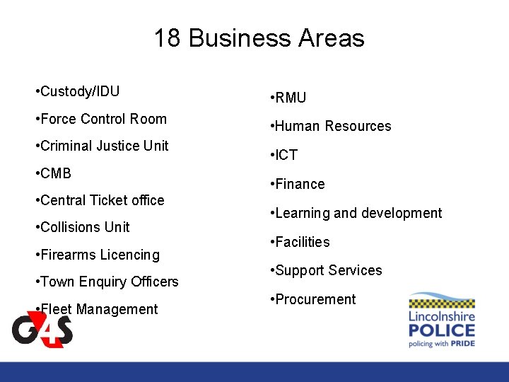 18 Business Areas • Custody/IDU • Force Control Room • Criminal Justice Unit •