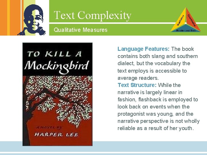 Text Complexity Qualitative Measures Language Features: The book contains both slang and southern dialect,