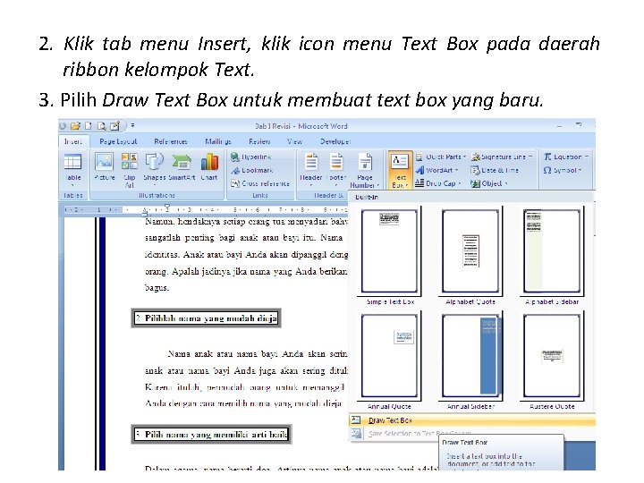 2. Klik tab menu Insert, klik icon menu Text Box pada daerah ribbon kelompok