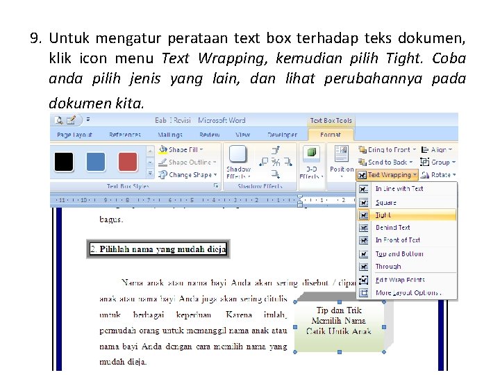 9. Untuk mengatur perataan text box terhadap teks dokumen, klik icon menu Text Wrapping,