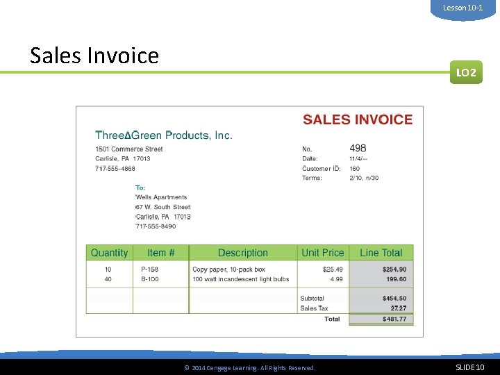 Lesson 10 -1 Sales Invoice LO 2 © 2014 Cengage Learning. All Rights Reserved.