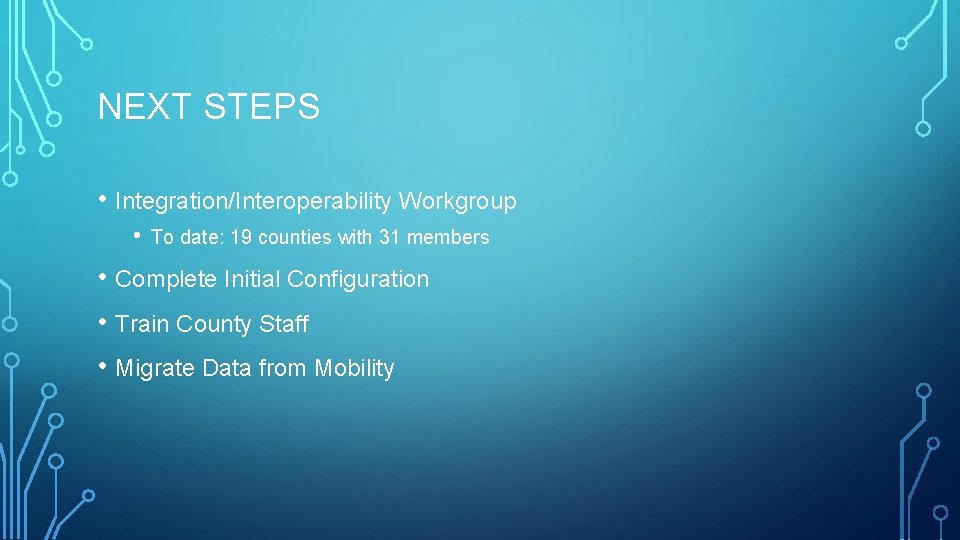 NEXT STEPS • Integration/Interoperability Workgroup • To date: 19 counties with 31 members •