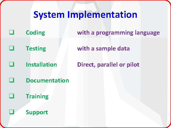 System Implementation q Coding with a programming language q Testing with a sample data