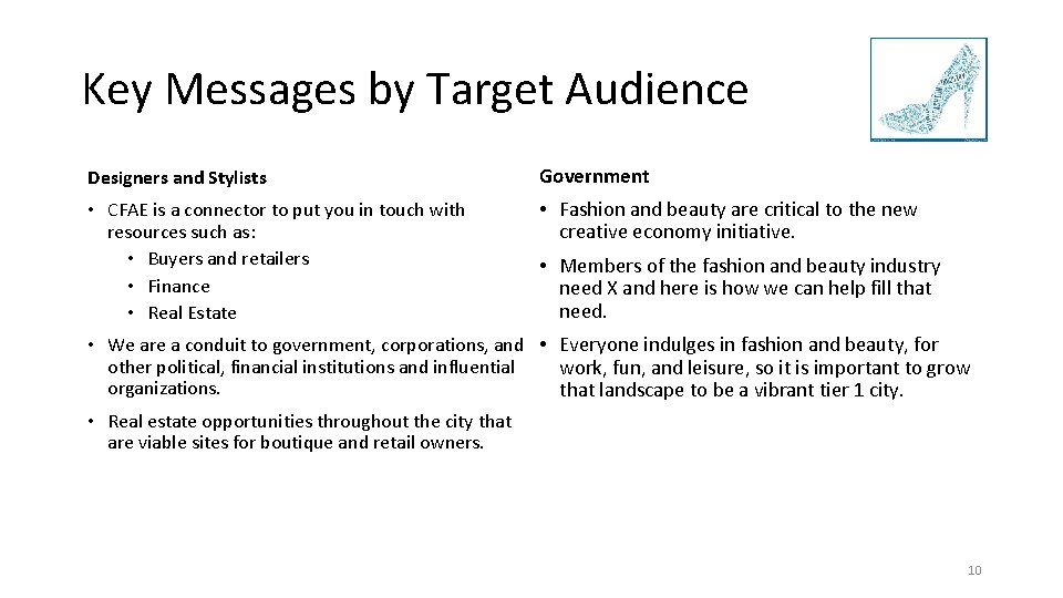 Key Messages by Target Audience Designers and Stylists Government • CFAE is a connector