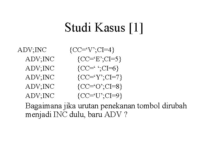 Studi Kasus [1] ADV; INC ADV; INC {CC=‘V’; CI=4} {CC=‘E’; CI=5} {CC=‘ ‘; CI=6}