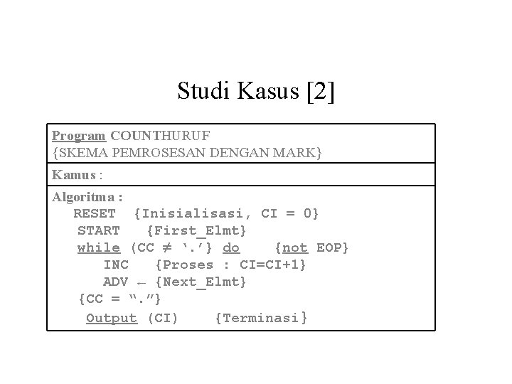 Studi Kasus [2] Program COUNTHURUF {SKEMA PEMROSESAN DENGAN MARK} Kamus : Algoritma : RESET