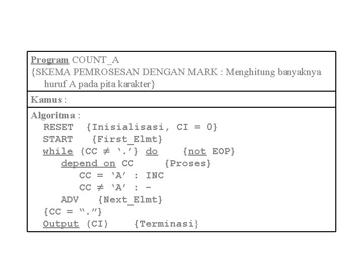 Program COUNT_A {SKEMA PEMROSESAN DENGAN MARK : Menghitung banyaknya huruf A pada pita karakter}