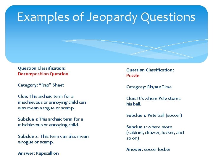 Examples of Jeopardy Questions Question Classification: Decomposition Question Classification: Puzzle Category: “Rap” Sheet Category: