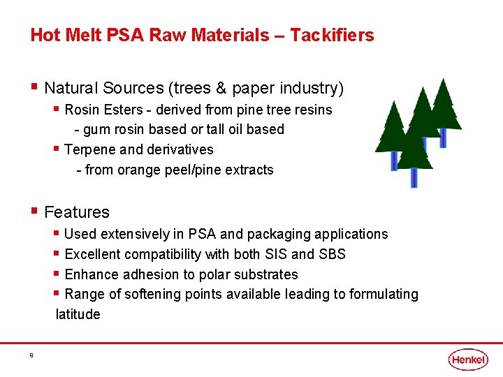 Hot Melt PSA Raw Materials – Tackifiers § Natural Sources (trees & paper industry)