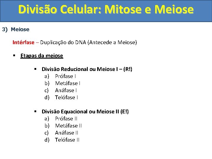 Divisão Celular: Mitose e Meiose 3) Meiose Intérfase – Duplicação do DNA (Antecede a