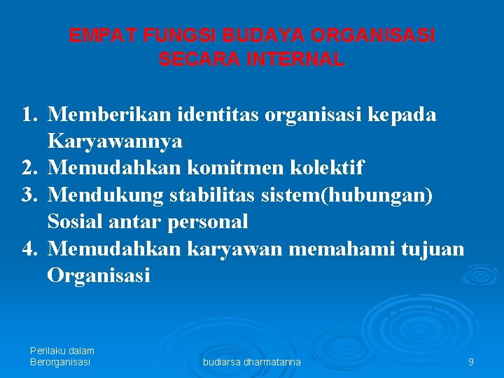 EMPAT FUNGSI BUDAYA ORGANISASI SECARA INTERNAL 1. Memberikan identitas organisasi kepada Karyawannya 2. Memudahkan