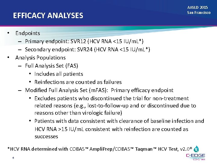 EFFICACY ANALYSES AASLD 2015 San Francisco • Endpoints – Primary endpoint: SVR 12 (HCV