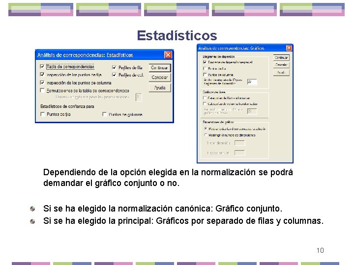 Estadísticos Dependiendo de la opción elegida en la normalización se podrá demandar el gráfico