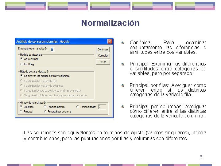 Normalización Canónica: Para examinar conjuntamente las diferencias o similitudes entre dos variables. Principal: Examinar