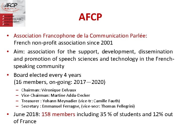 AFCP • Association Francophone de la Communication Parlée: French non-profit association since 2001 •