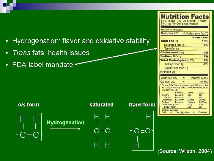  • Hydrogenation: flavor and oxidative stability • Trans fats: health issues • FDA