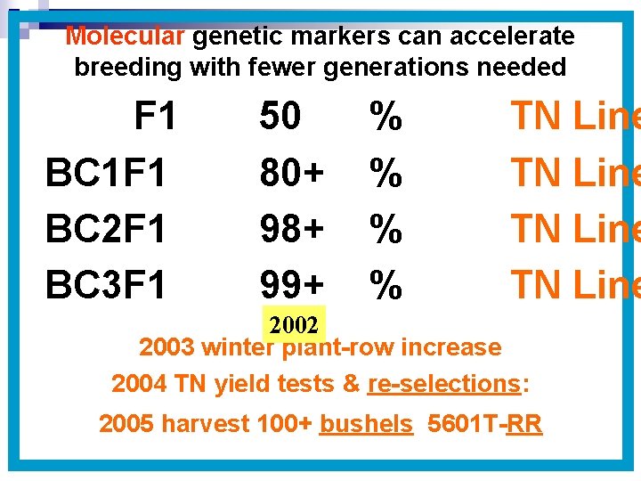 Molecular genetic markers can accelerate breeding with fewer generations needed F 1 BC 1