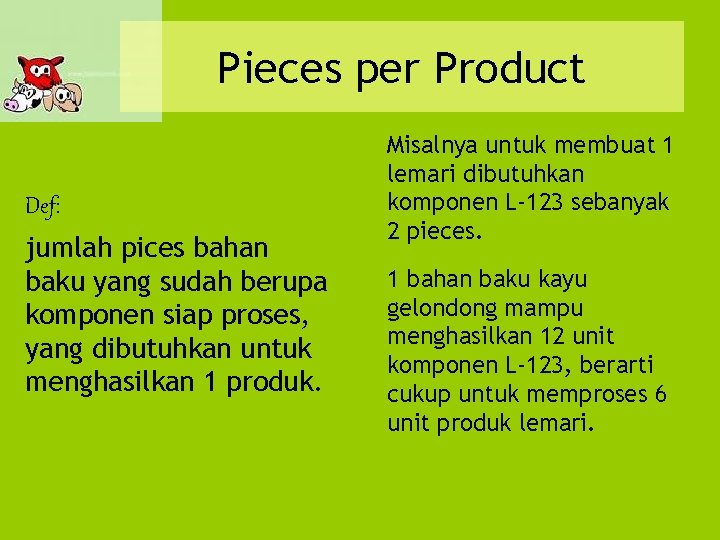 Pieces per Product Def: jumlah pices bahan baku yang sudah berupa komponen siap proses,