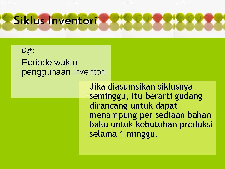 Siklus Inventori Def : Periode waktu penggunaan inventori. Jika diasumsikan siklusnya seminggu, itu berarti