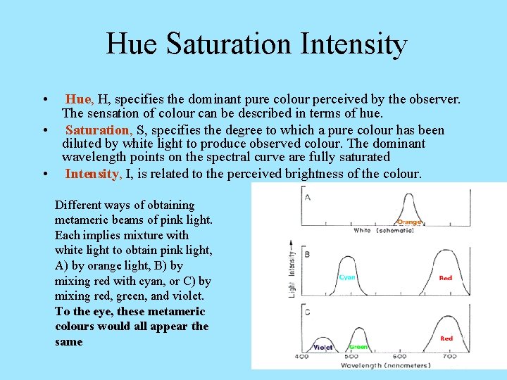 Hue Saturation Intensity • Hue, H, specifies the dominant pure colour perceived by the