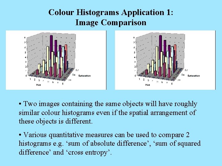 Colour Histograms Application 1: Image Comparison • Two images containing the same objects will