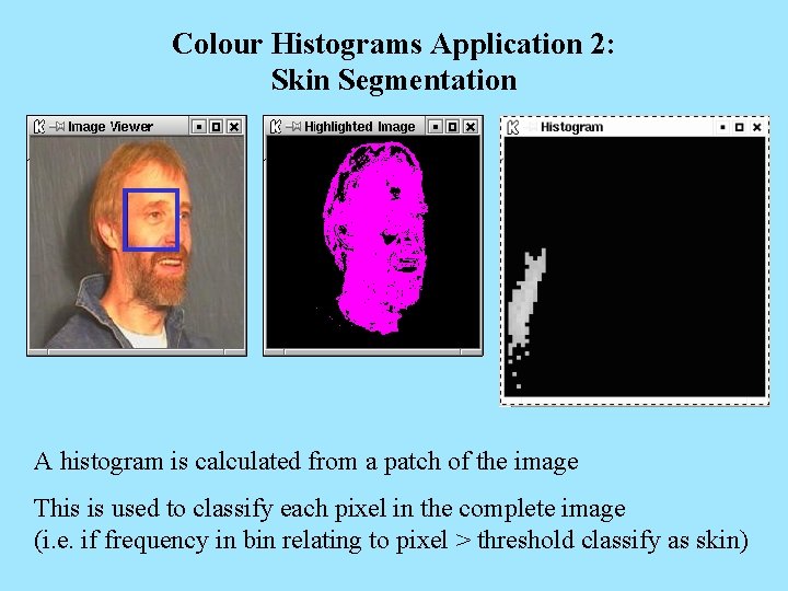 Colour Histograms Application 2: Skin Segmentation A histogram is calculated from a patch of