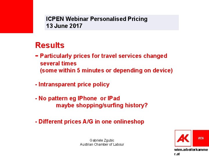 ICPEN Webinar Personalised Pricing 13 June 2017 Results - Particularly prices for travel services