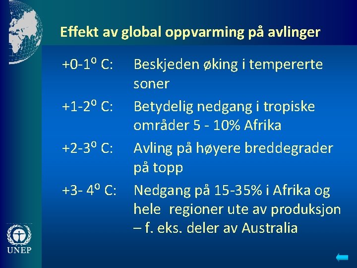 Effekt av global oppvarming på avlinger +0 -1⁰ C: +1 -2⁰ C: +2 -3⁰